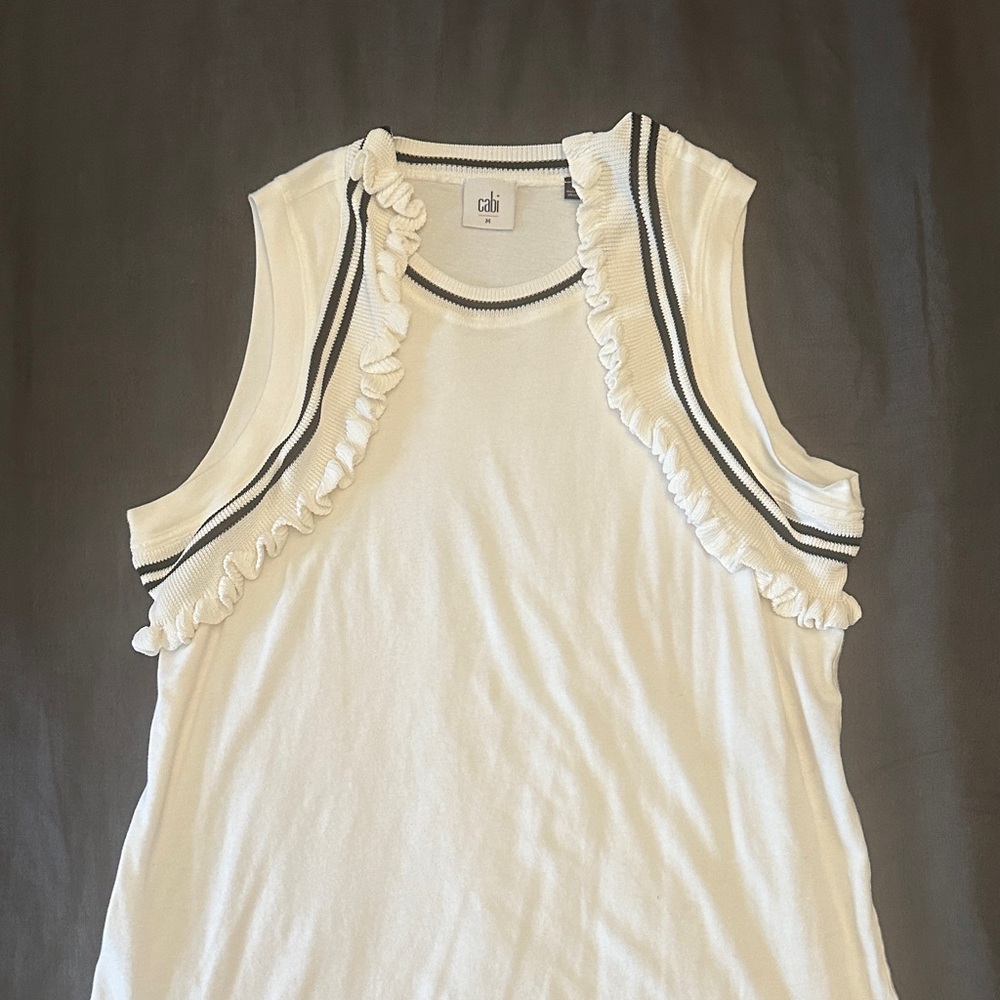 CAbi White and Black Ruffle Trim Tank Top